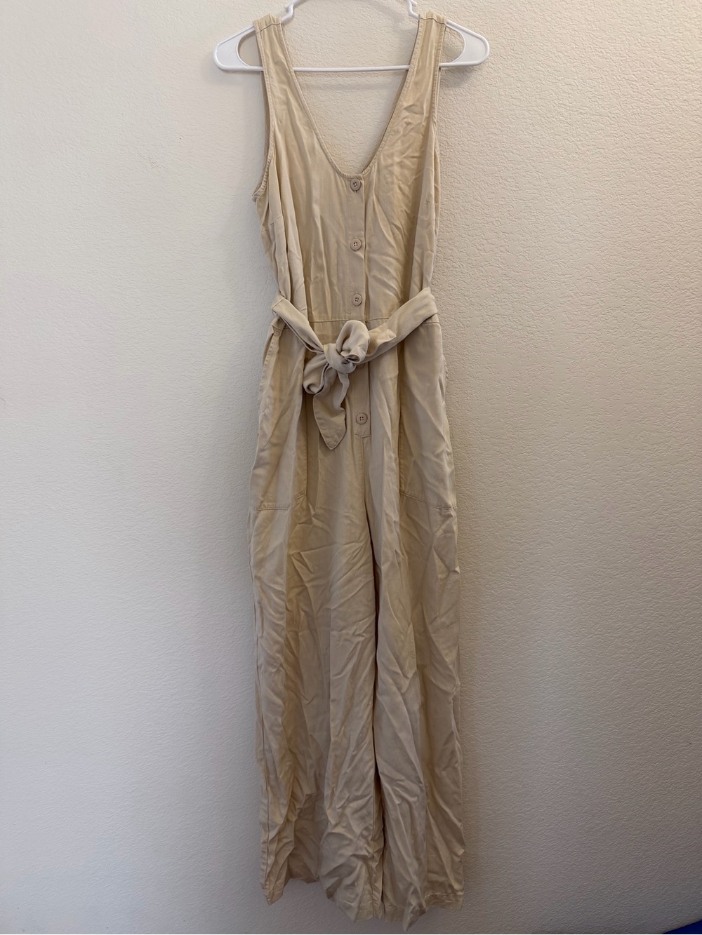 Old Navy Beige Button-Front Sleeveless Jumpsuit with Tie Waist